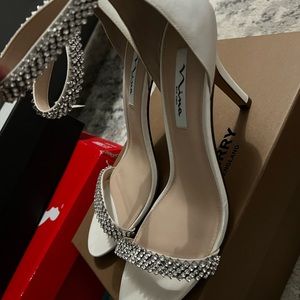 White Rhinetone Strap Heels